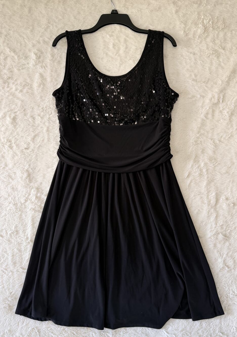 AA Studio Black Sequin Bodice Dress Womens Size 16 Ruched Waist Cocktail Party